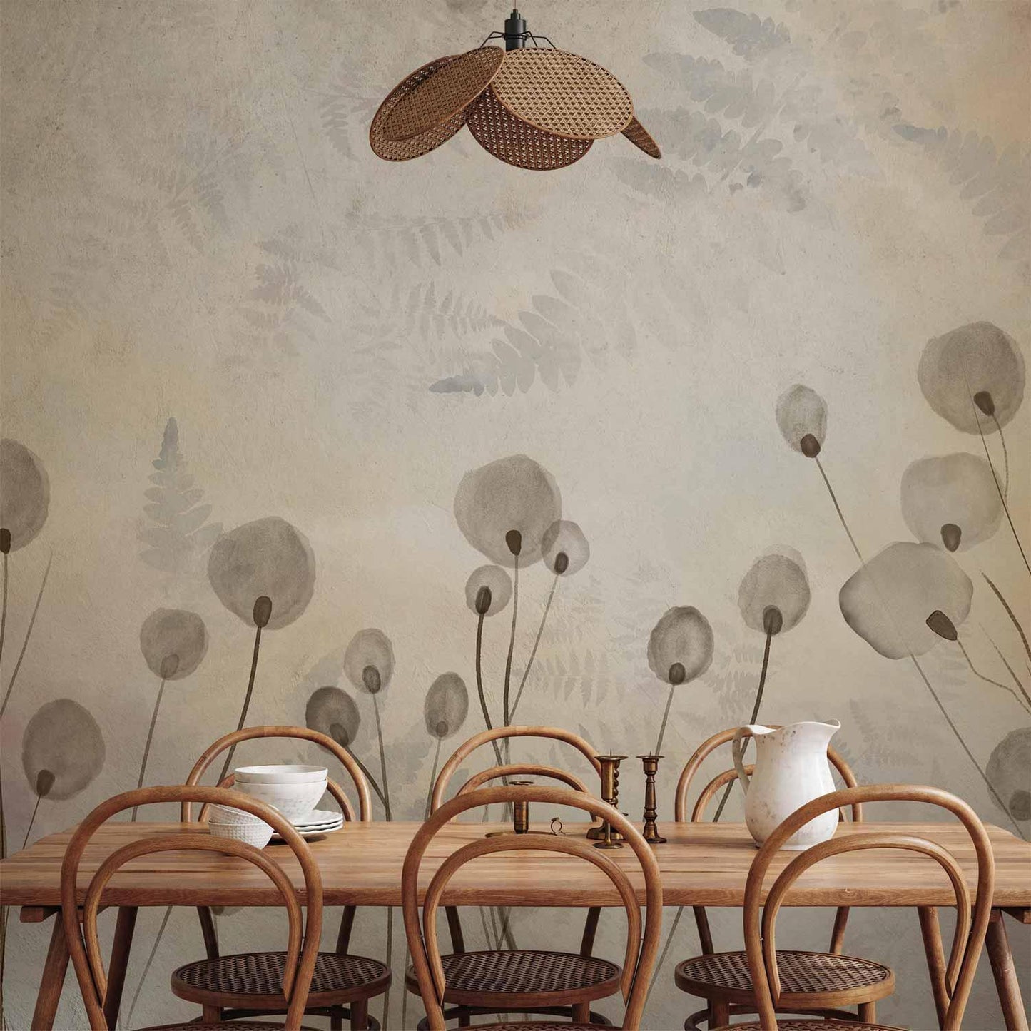 Fototapete - Minimalist meadow - floral motif in light shades with reflections