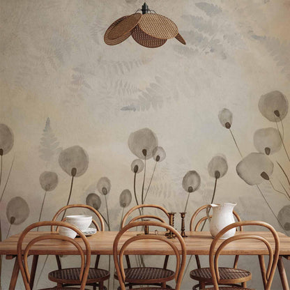 Fototapete - Minimalist meadow - floral motif in light shades with reflections