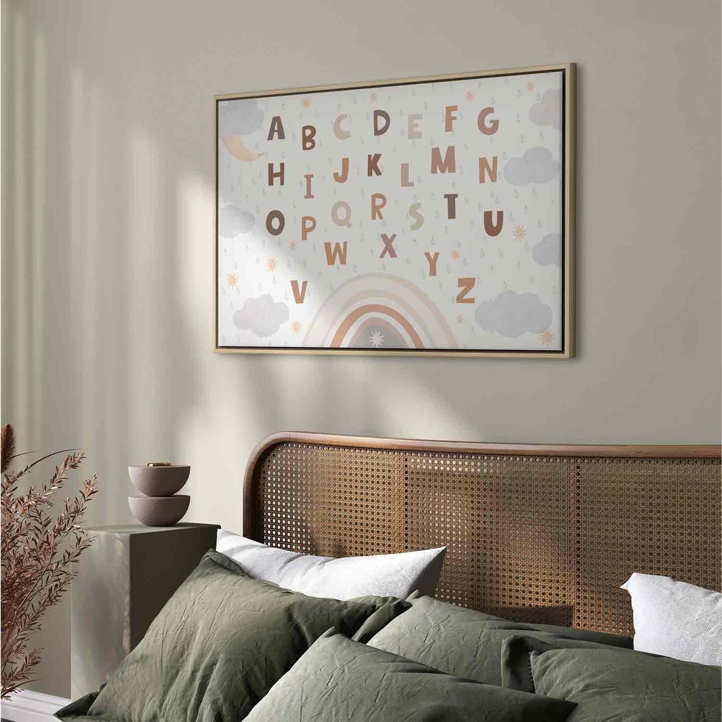 Leinwandbild - Letters Above the Rainbow - Letters Among Streams of Rain and Clouds with a Rainbow Moon and Stars on a Light Background Artgeist