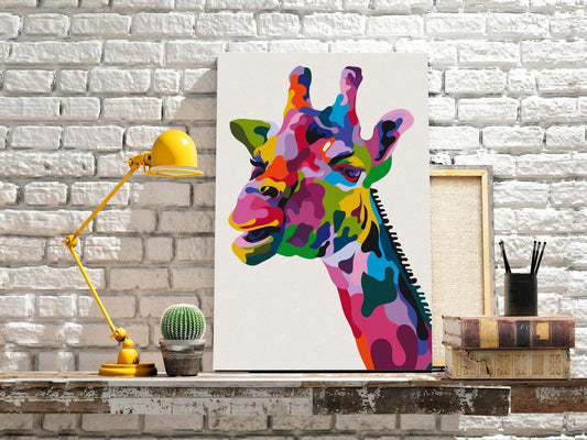Malen nach Zahlen Giraffe - Detailansicht des Colourful Giraffe Kunstsets mit hochwertigen Farben und Leinwand für kreative Tiermotive