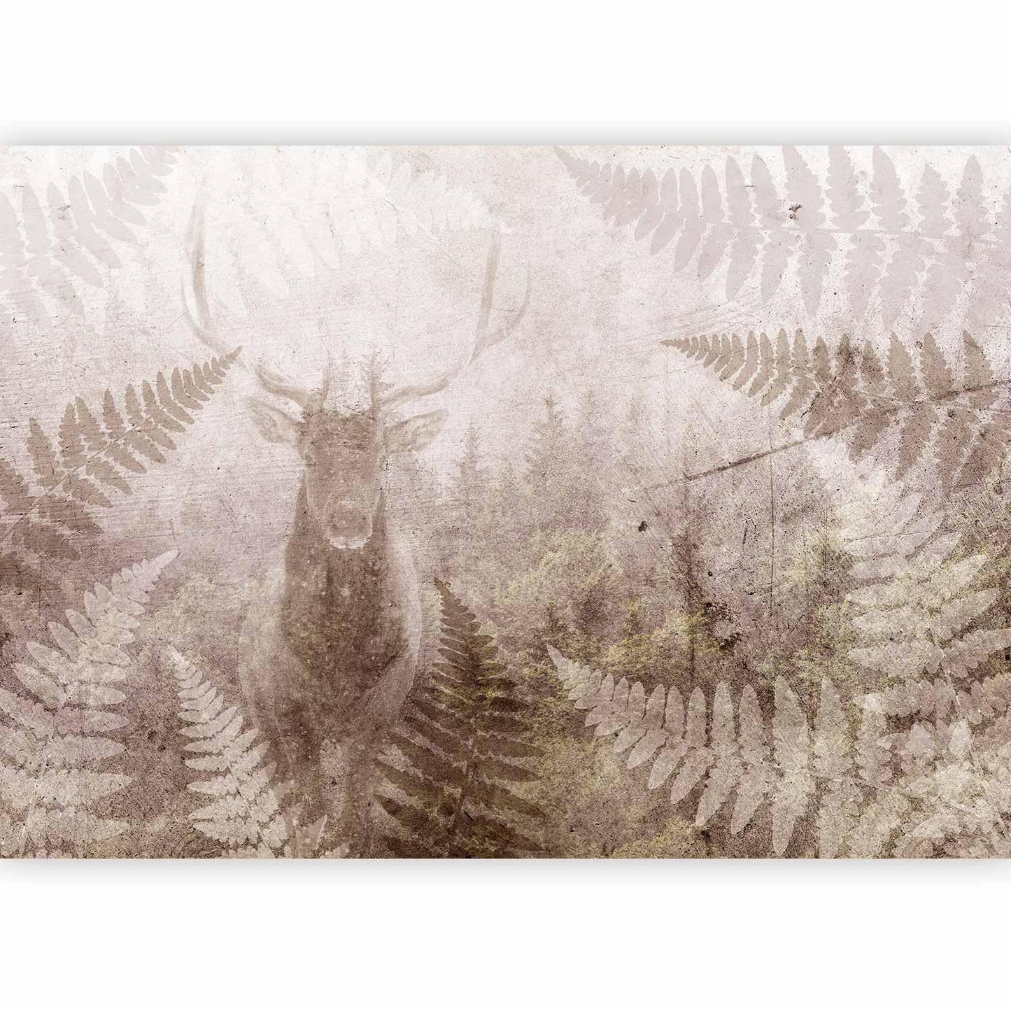 Fototapete - Forest motif - deer with antlers among fern leaves on concrete pattern