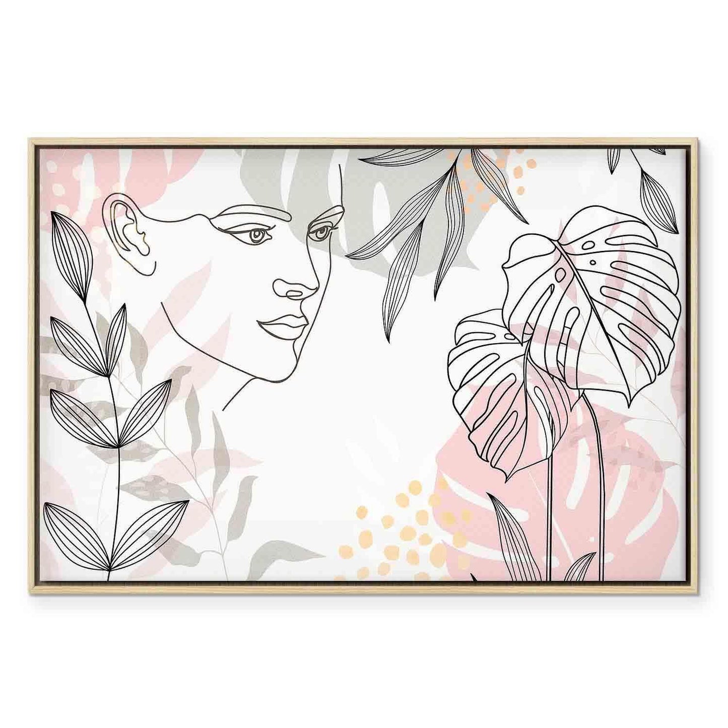 Leinwandbild Frau mit Monstera Blättern – Moderne Line Art