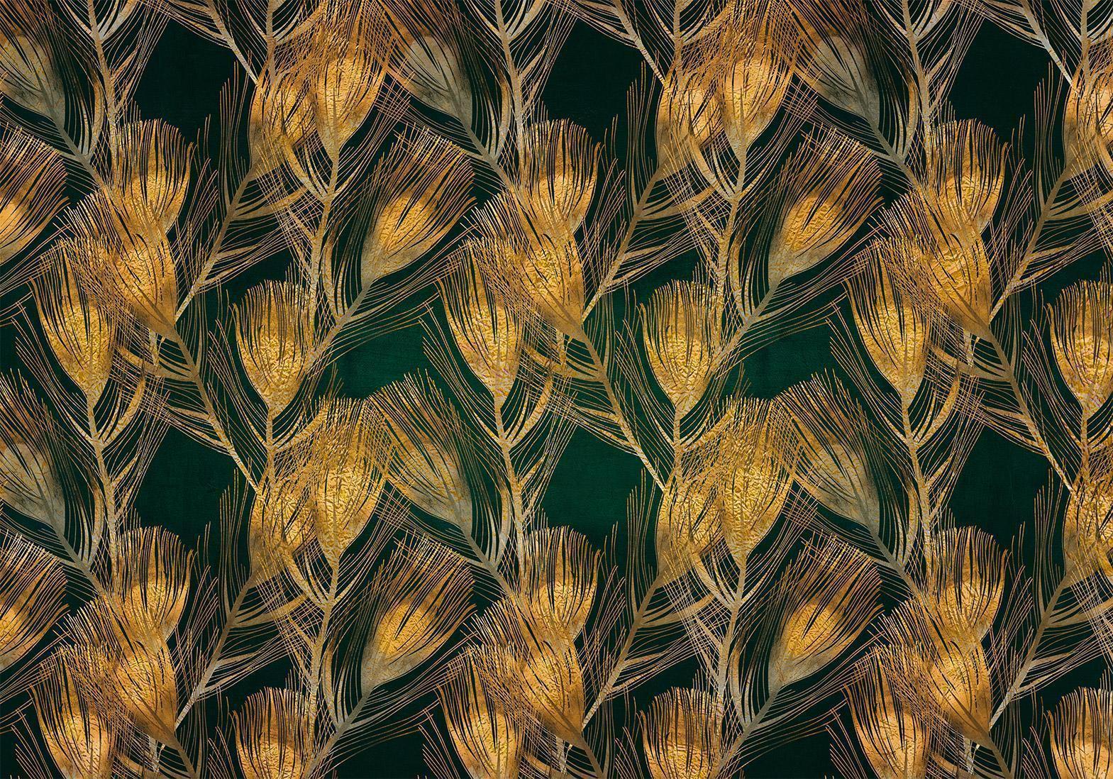Fototapete - Golden peacock feathers - solid background with bird pattern on green background Artgeist