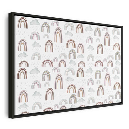 Leinwandbild - Rainbows After the Storm - Rainbows of Various Sizes in Pastel Hues Among Rain Clouds in a Gray-Blue Shade