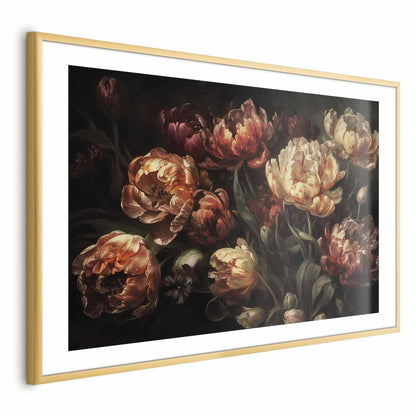 Poster featuring blooming tulips with a dark background in a gold frame.
