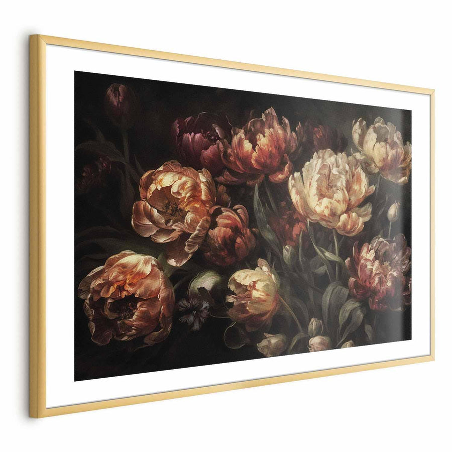 Poster featuring blooming tulips with a dark background in a gold frame.