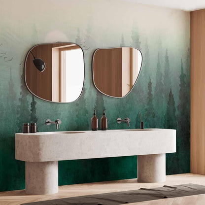 Fototapete - Bird's eye perspective - landscape of a green forest with trees in the mist