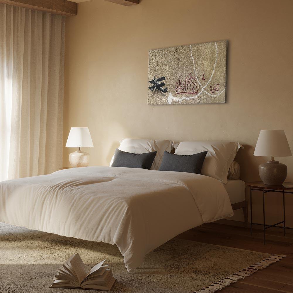 Leinwandbild - Banksy's Plane (1-part) - Red Graffiti Text on Mural Background