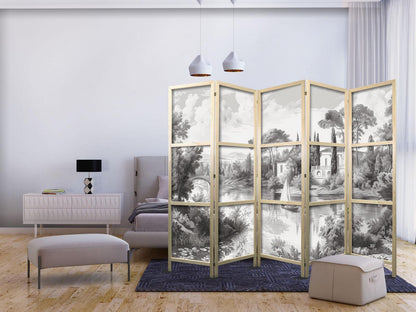 Japanischer Paravent - Black and White Vintage Landscape - Retro View of a Pond with a Boat