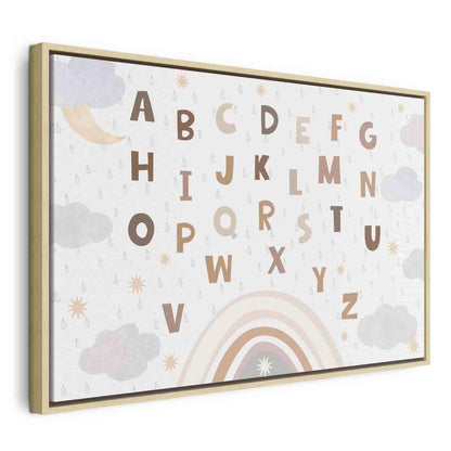 Leinwandbild - Letters Above the Rainbow - Letters Among Streams of Rain and Clouds with a Rainbow Moon and Stars on a Light Background Artgeist