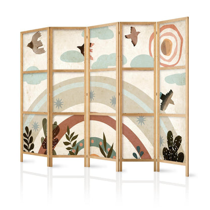 Japanischer Paravent - Sun Above the Rainbow - Birds in subdued colors - flying among clouds above a rainbow and vegetation on a light beige background Artgeist
