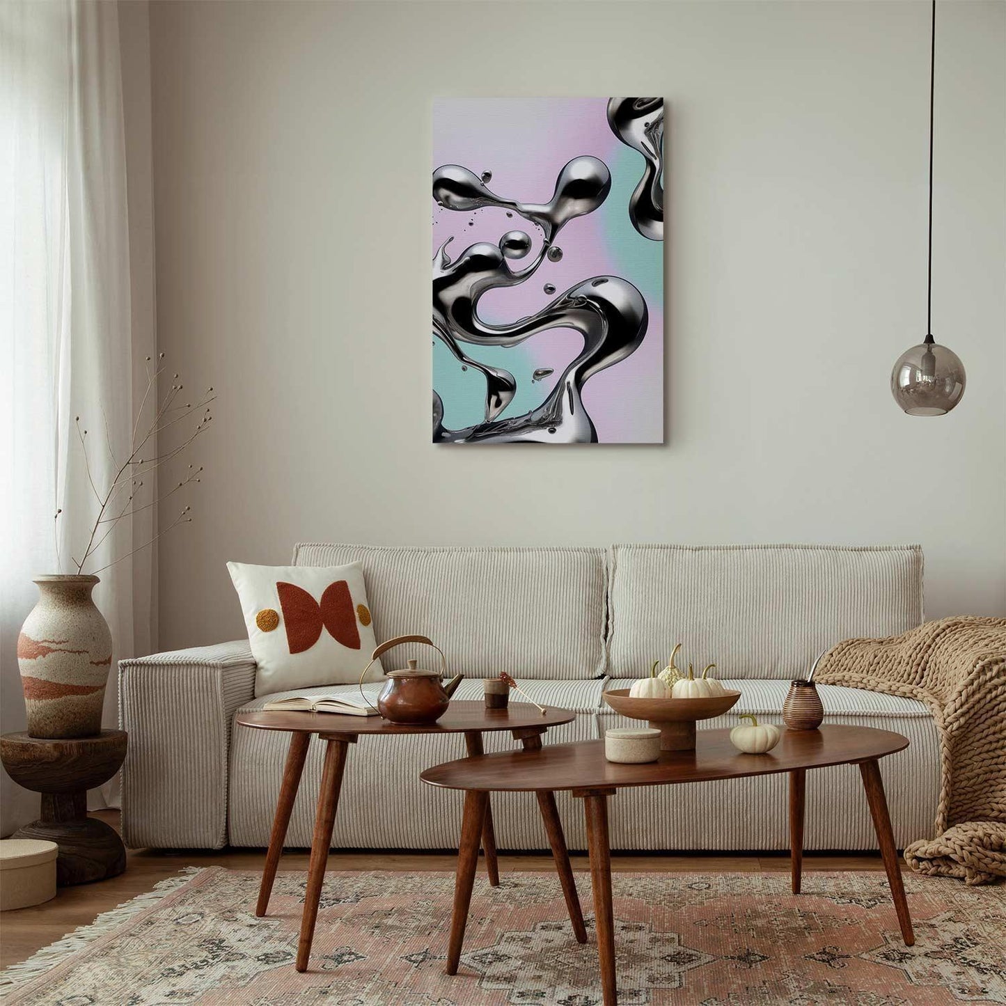 Leinwandbild - Metallic Fluidity - Abstract Silver Forms on a Mint-Purple Background