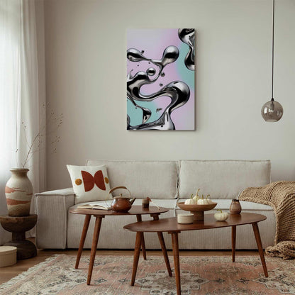 Leinwandbild - Metallic Fluidity - Abstract Silver Forms on a Mint-Purple Background