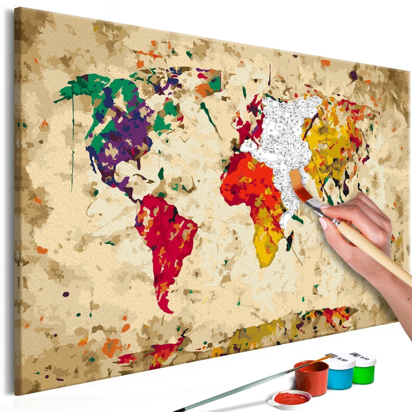 Wandbild zum Ausmalen - Weltkarte mit Farbspritzern, modernes DIY Malen-nach-Zahlen Set