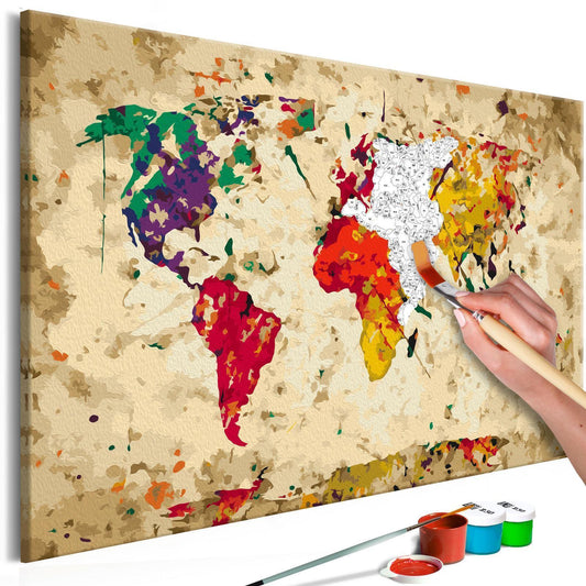 Wandbild zum Ausmalen - Weltkarte mit Farbspritzern, modernes DIY Malen-nach-Zahlen Set