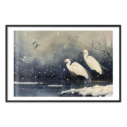 Poster - Herons over a Winter Pond - illustration in the Japanese style in dark colors