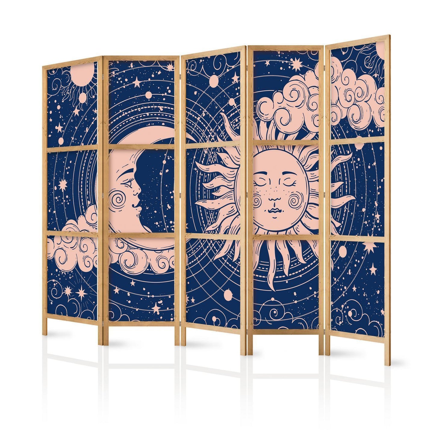 Japanischer Paravent - Cosmic Harmony - Illustration of the Sun and Moon on a Navy Background Artgeist