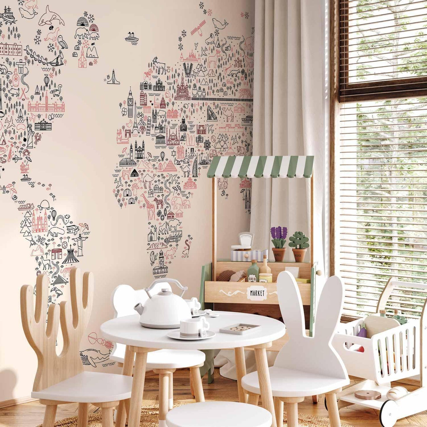 Fototapete - Map With Icons - Cartoon Representation of the World in Pastel Colours