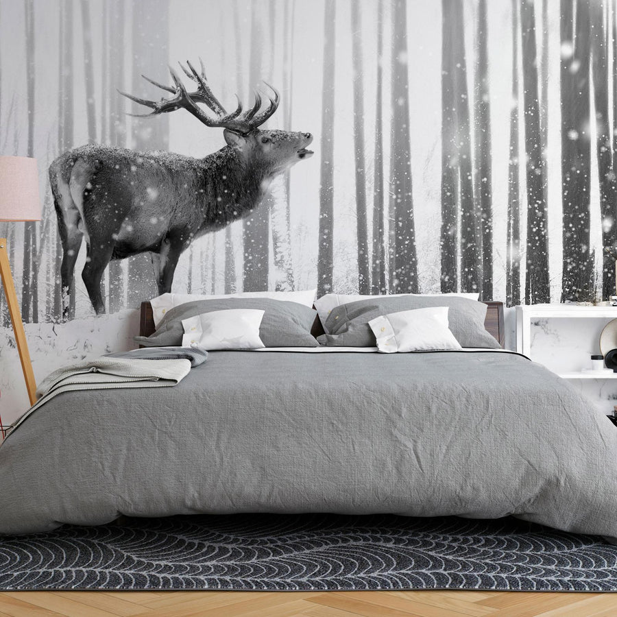 Hirsch im Schnee – stilvolle Fototapete in Schwarz-Weiß