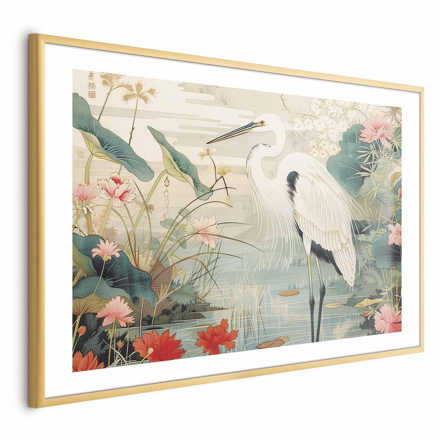 Poster - Over the Asian Pond - illustration in the Japanese print style featuring a heron Artgeist
