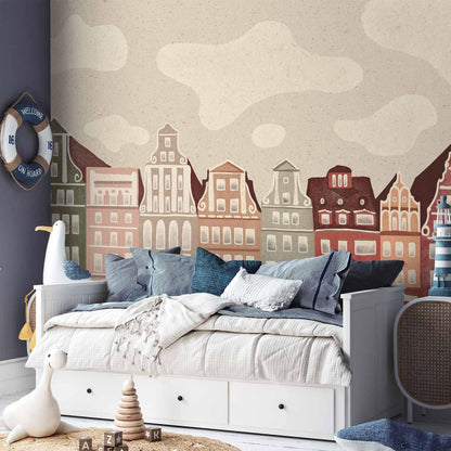 Fototapete - Salt Square - Colorful Illustrated Townhouses Against a Cloudy Sky Background