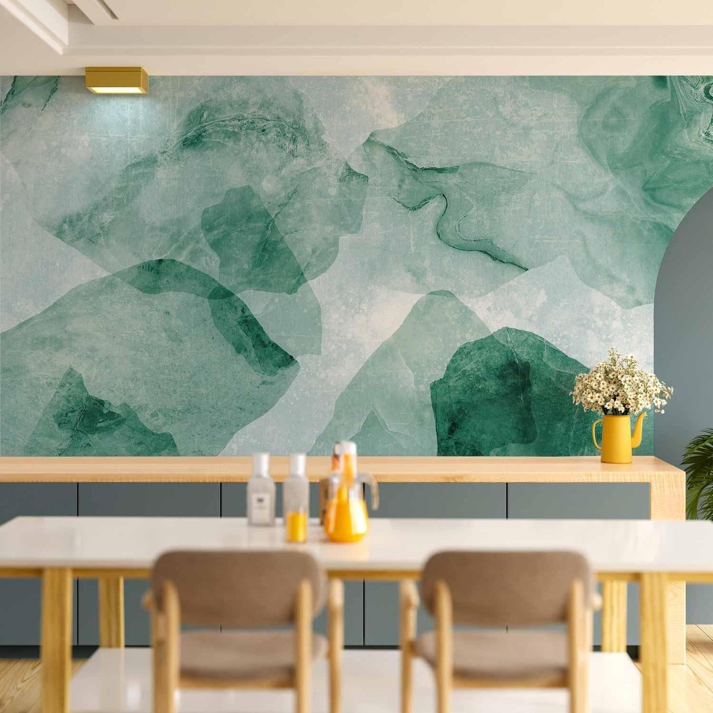 Spring Terrazzo fototapete in modernem Esszimmer mit grünen Farbtönen.