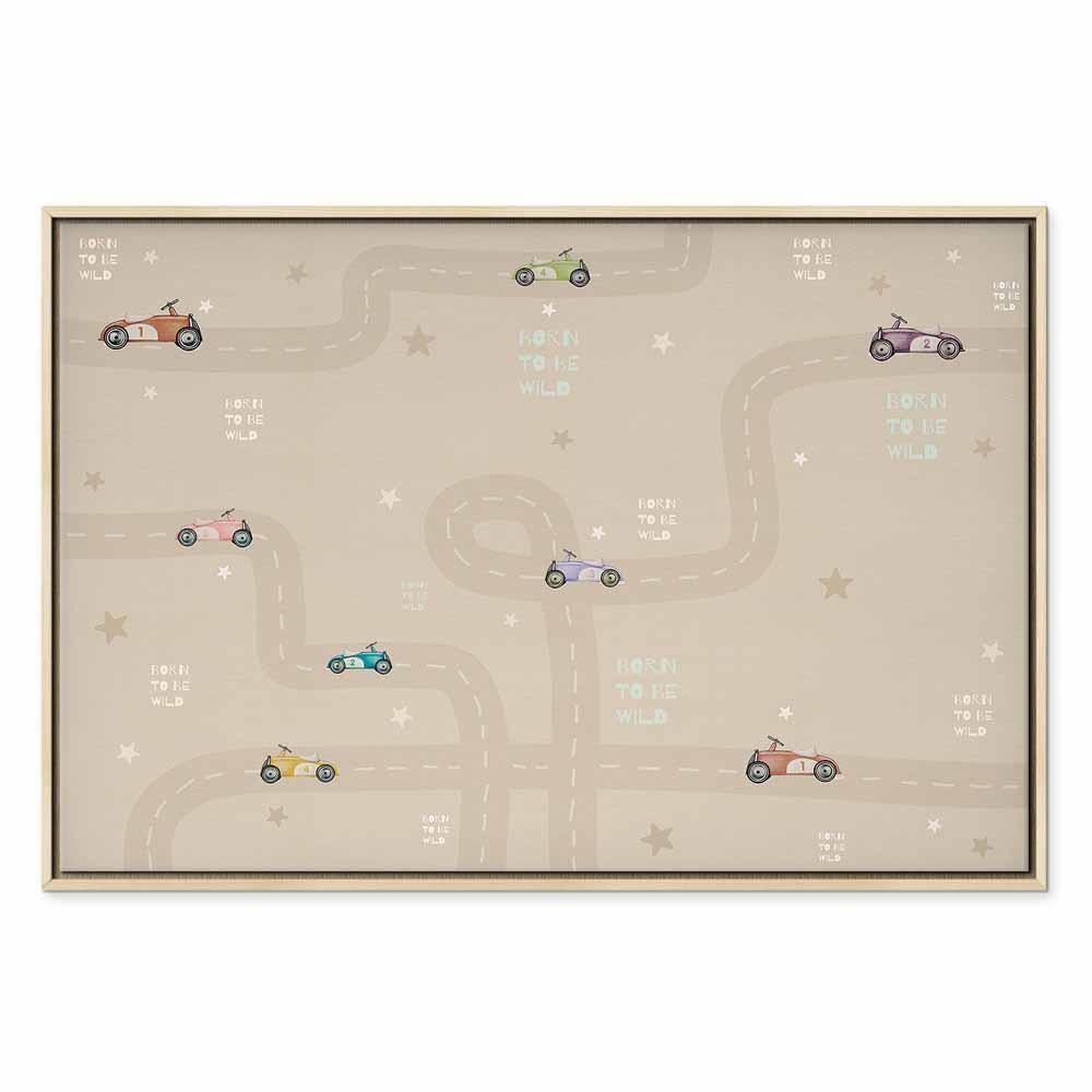 Leinwandbild - Race - Colorful Cars on a Road on a Beige Background with Inscriptions