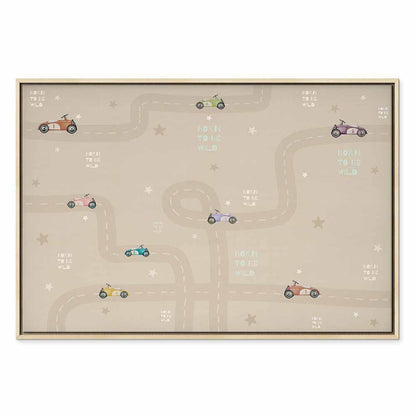 Leinwandbild - Race - Colorful Cars on a Road on a Beige Background with Inscriptions
