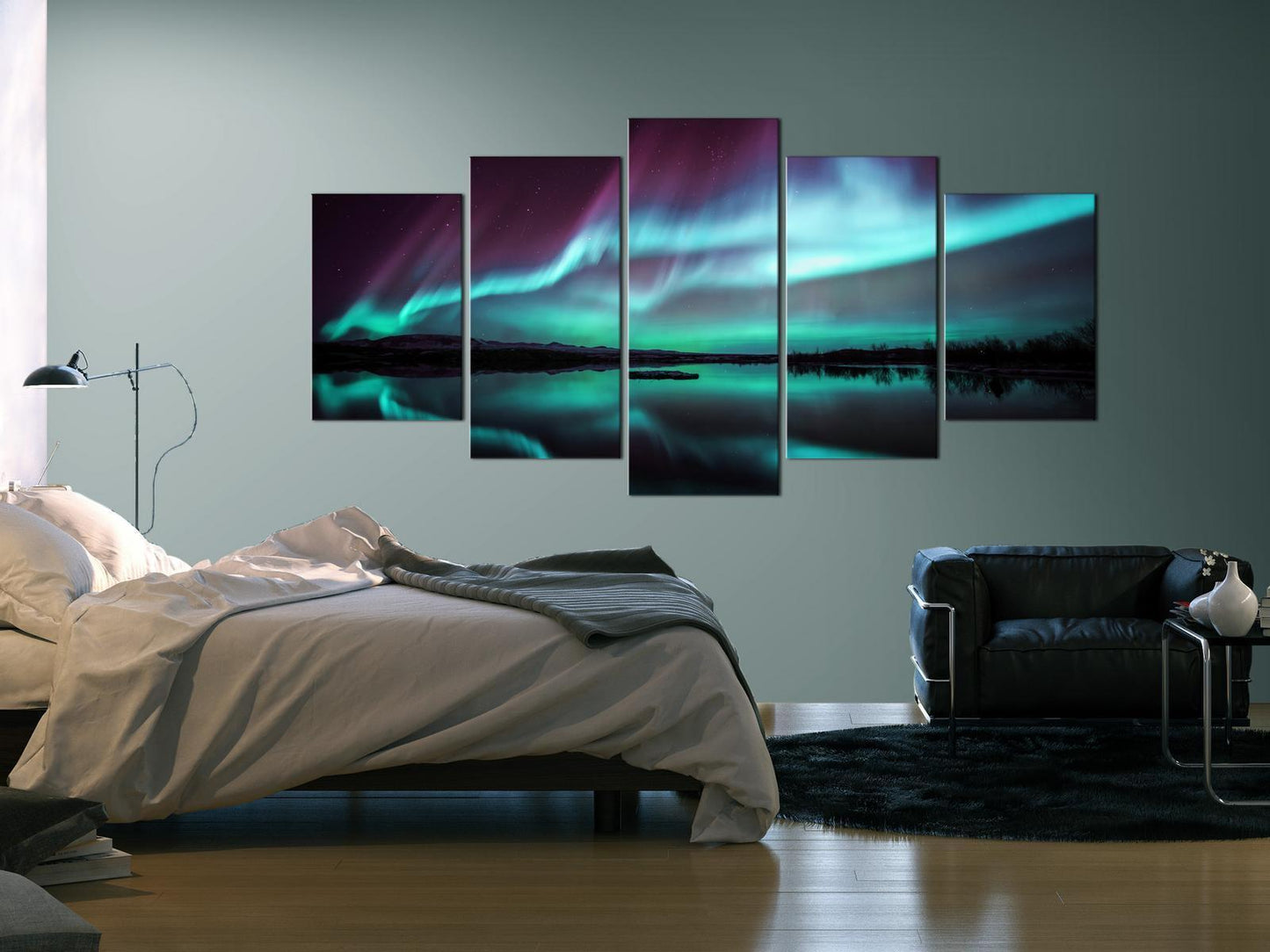 Leinwandbild „Nordlicht über dunkler Landschaft“ – 5-teiliges Set
