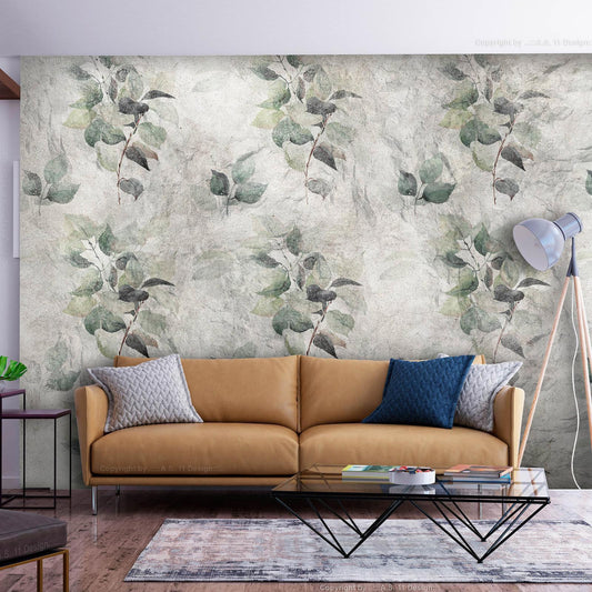 Fototapete - Statue of nature - plant motif with green leaves with grey patterns Artgeist