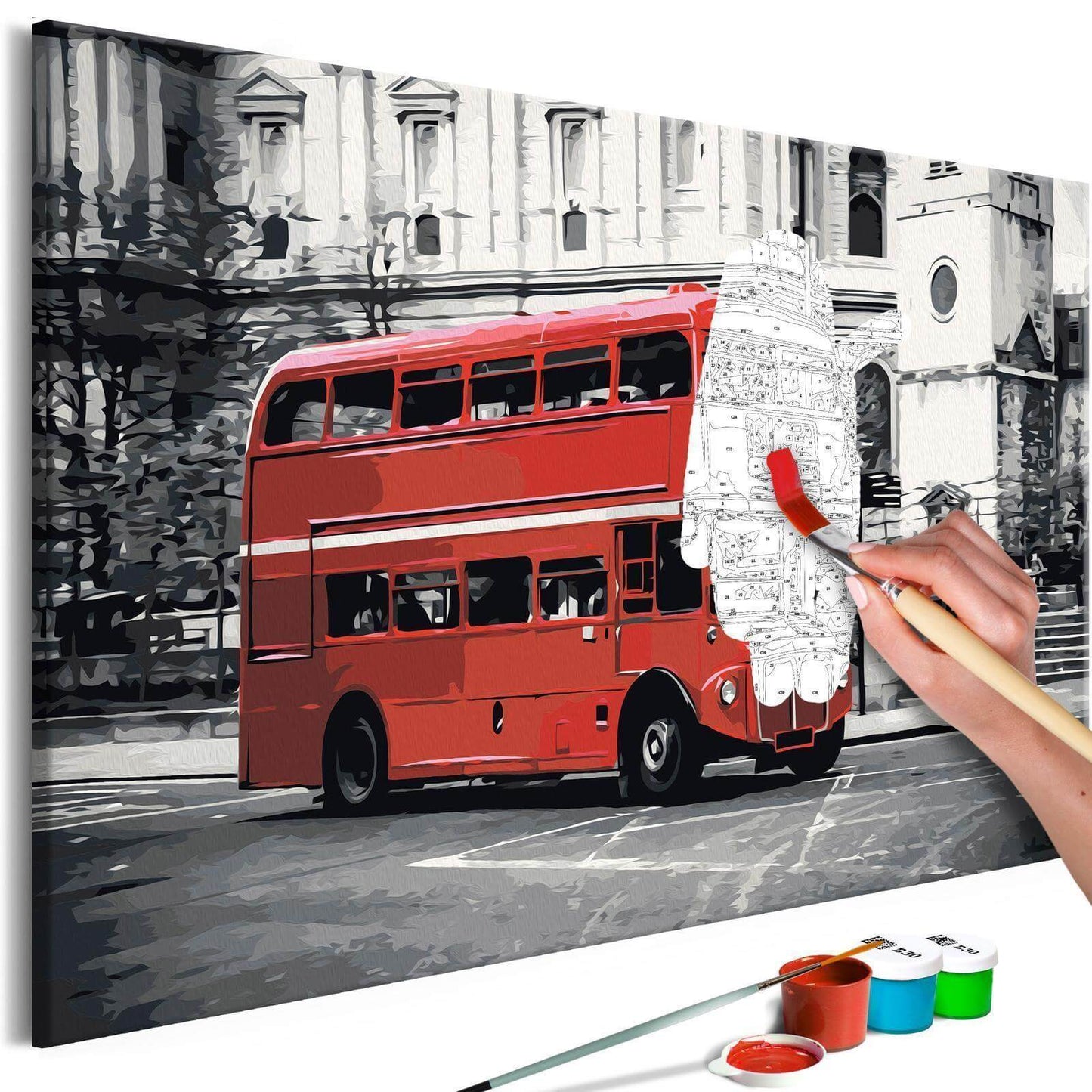 Wandbild zum Ausmalen London Bus - Roter Doppeldeckerbus Malen nach Zahlen Set mit Leinwand, Farben und Pinseln