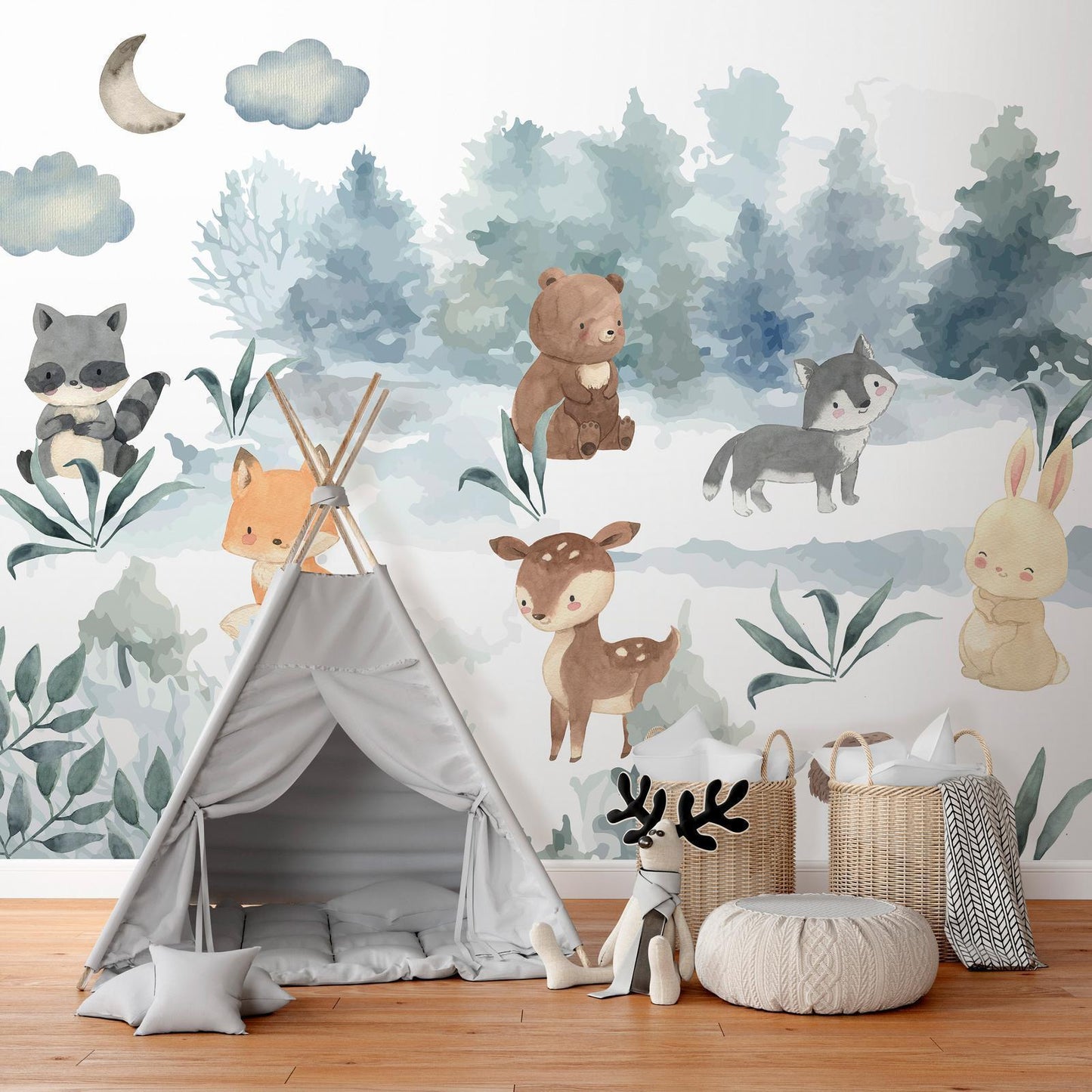 Fototapete - Forest Games - Animals in a Forest Painted in Watercolours Artgeist