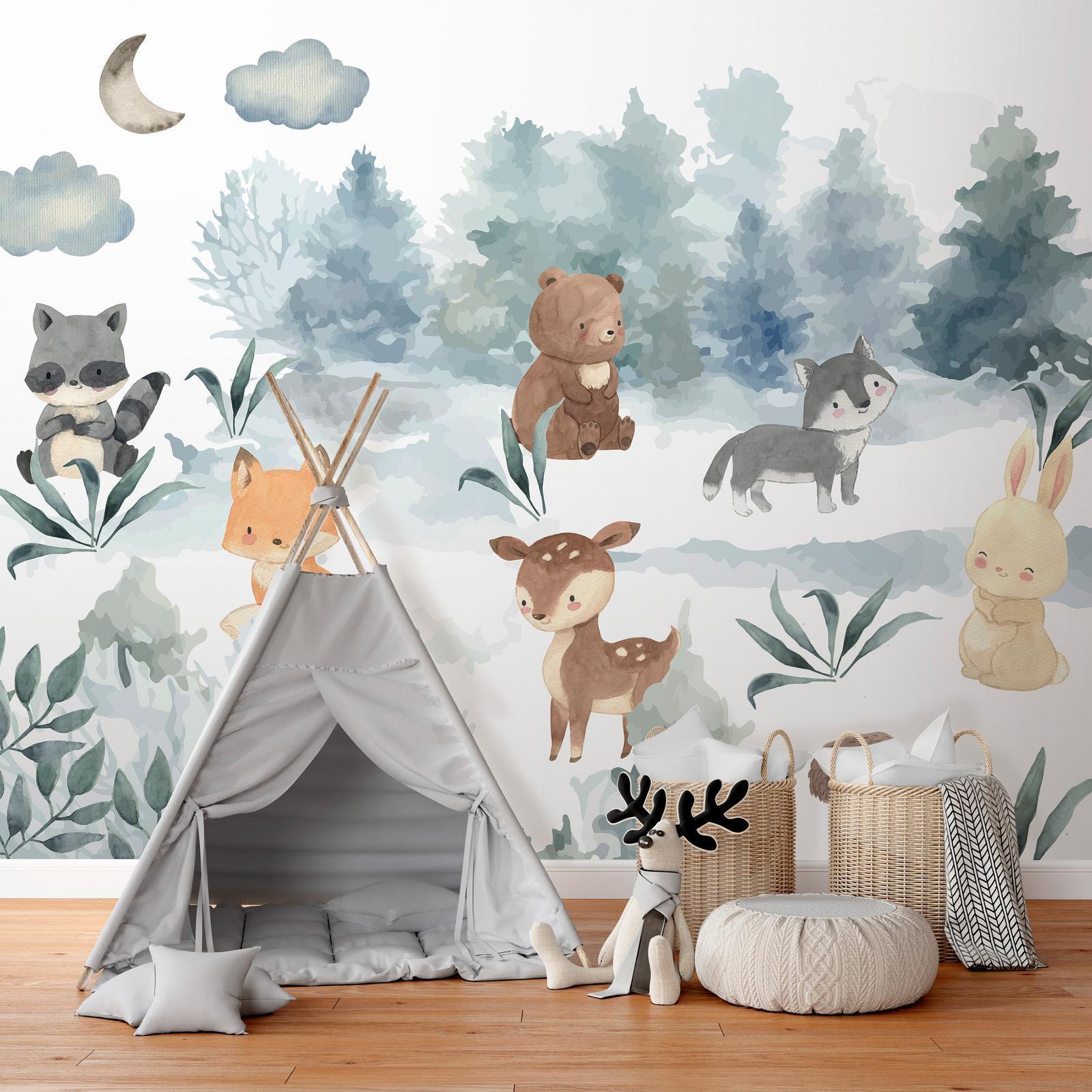 Fototapete - Forest Games - Animals in a Forest Painted in Watercolours Artgeist