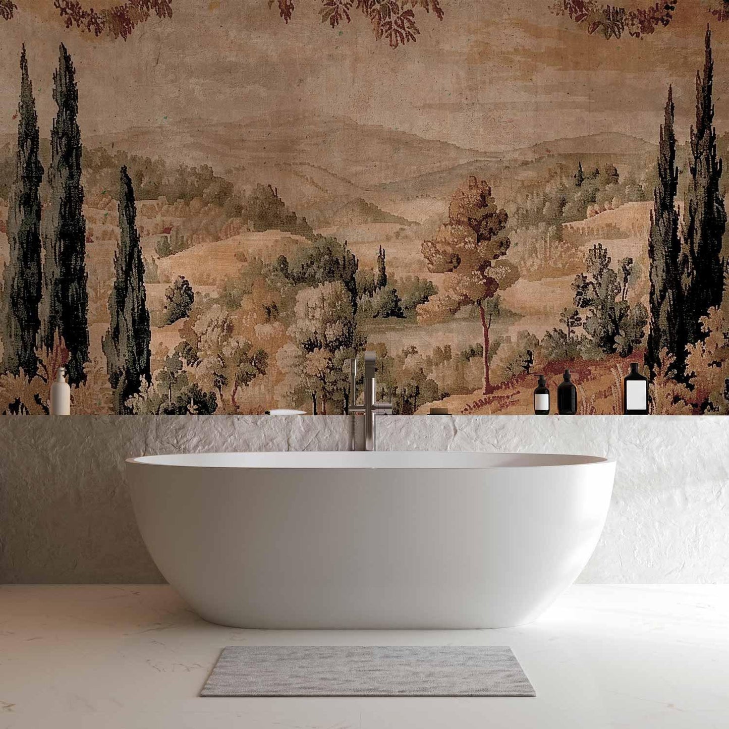 Fototapete Mediterrane Landschaft – Alter Wandteppich mit Hügel und See
