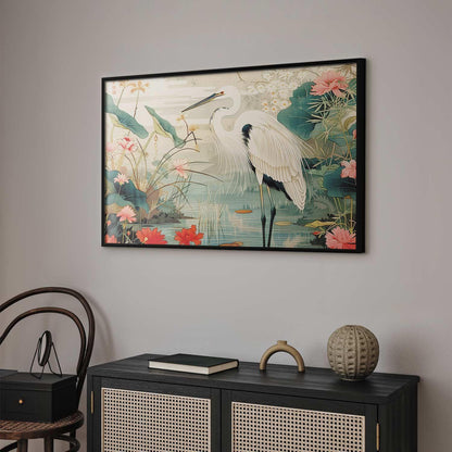 Poster - Over the Asian Pond - illustration in the Japanese print style featuring a heron Artgeist