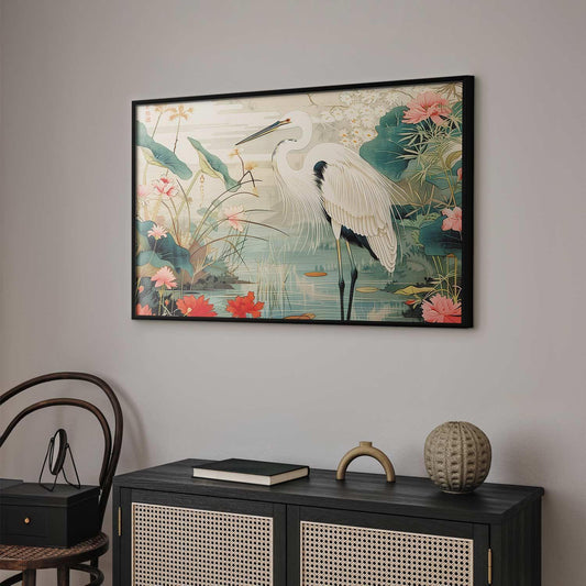 Poster - Over the Asian Pond - illustration in the Japanese print style featuring a heron Artgeist