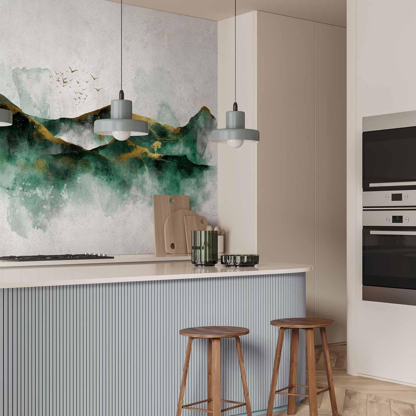 Fototapete - Abstract landscape - green mountains with golden patterns and birds