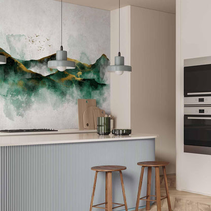 Fototapete - Abstract landscape - green mountains with golden patterns and birds