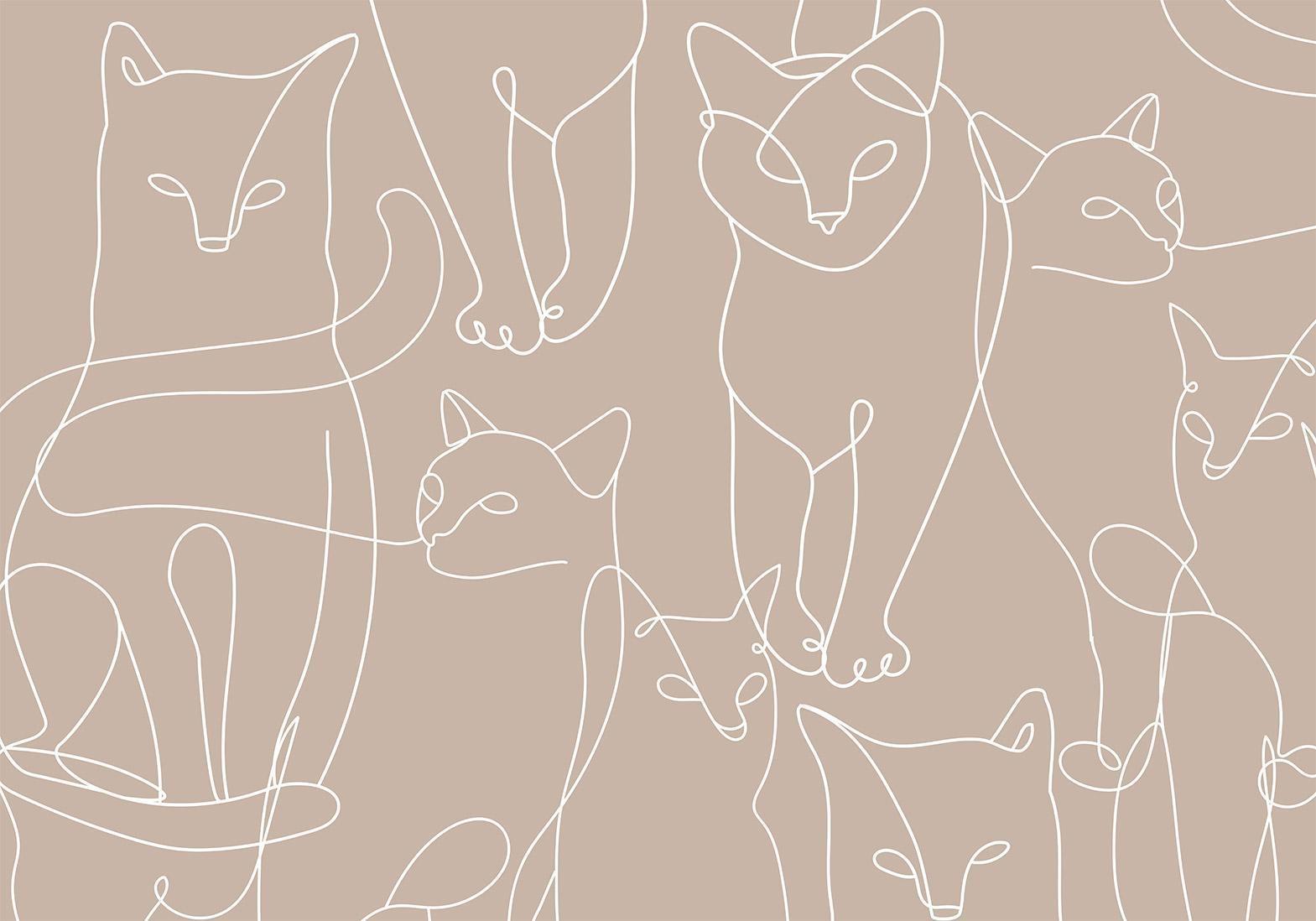 Fototapete - Cat lineart - minimalist sketches of white cats on beige background Artgeist