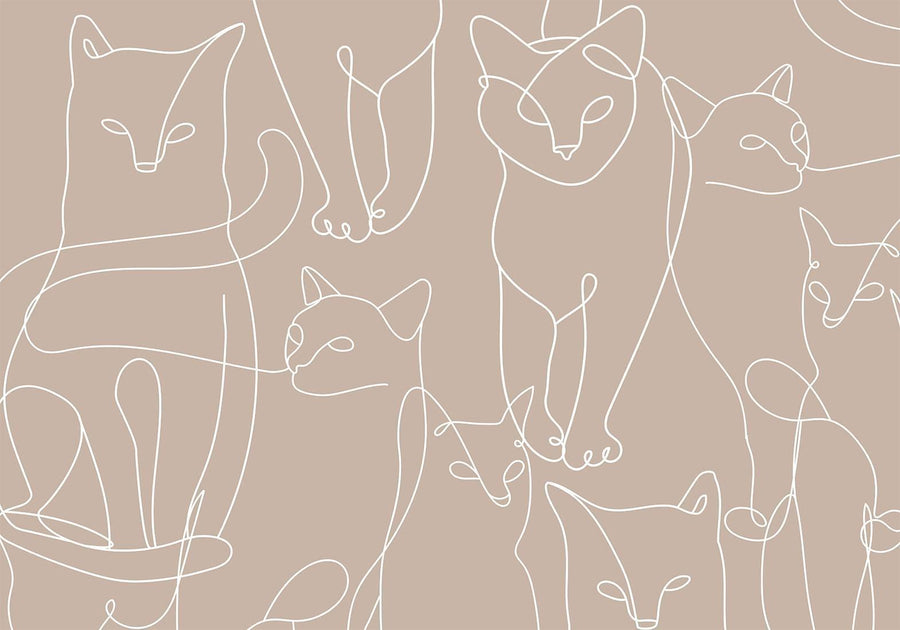 Fototapete - Cat lineart - minimalist sketches of white cats on beige background Artgeist