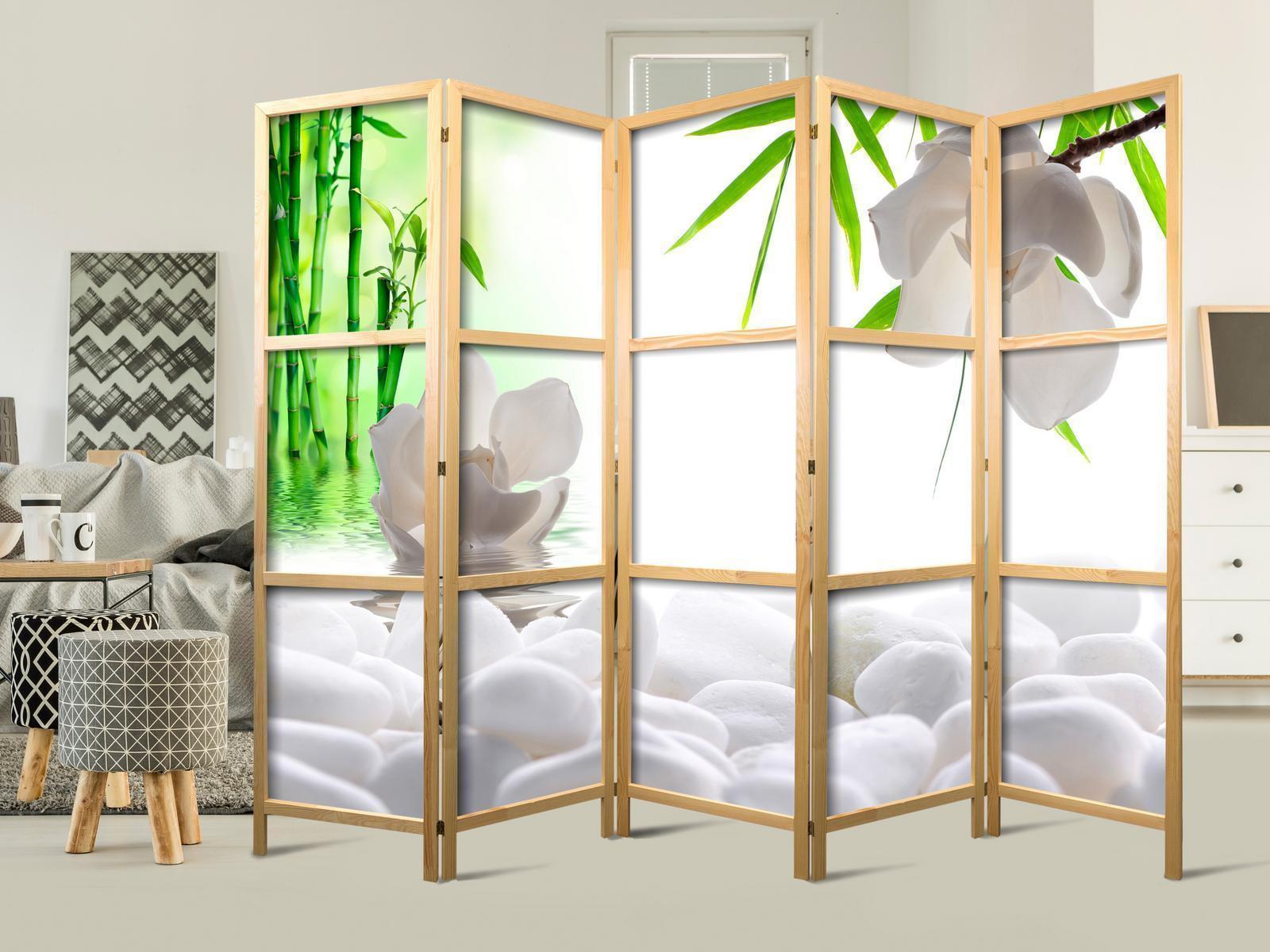 5-teiliger japanischer Paravent Oriental Balance als stilvoller Raumteiler im modernen Wohnzimmer - 225x172cm Gesamtmaße