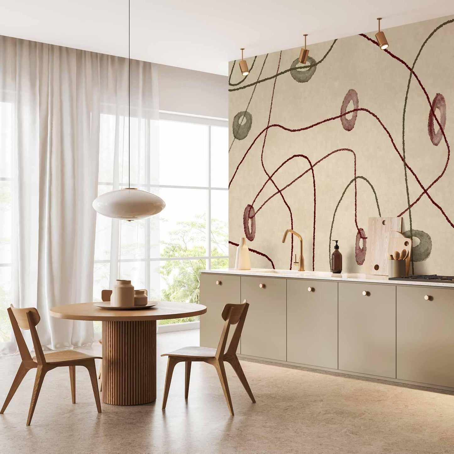 Fototapete - Lines and shapes – bead labyrinth on a pale washed background