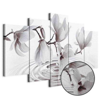 Leinwandbild - Magnolias over Water (5 Parts) Wide Grey