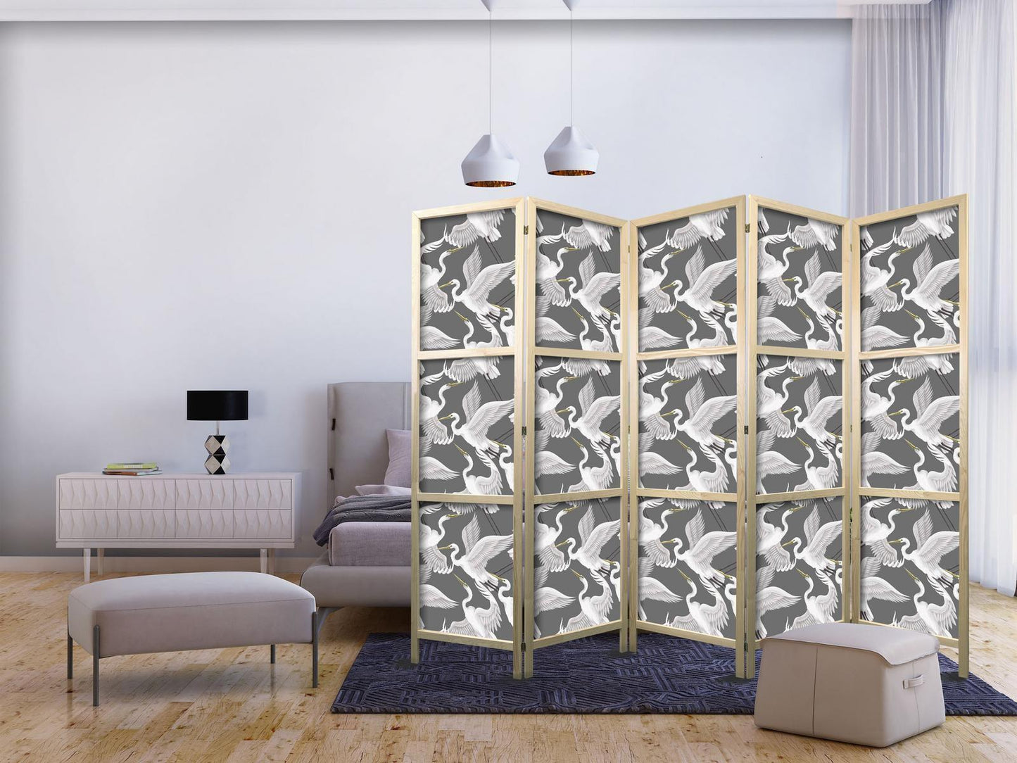 Japanischer Paravent - Pastel birds - a delicate pattern of white and grey herons on a light pink background