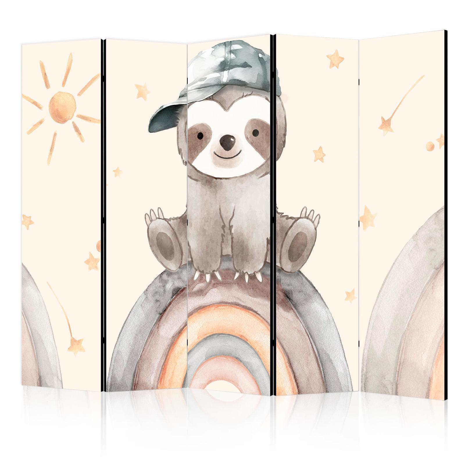 Paravent - Happy Sloth - Sloth in Muted Colors - Wearing a Cap - Sitting on a Rainbow Among the Stars Artgeist