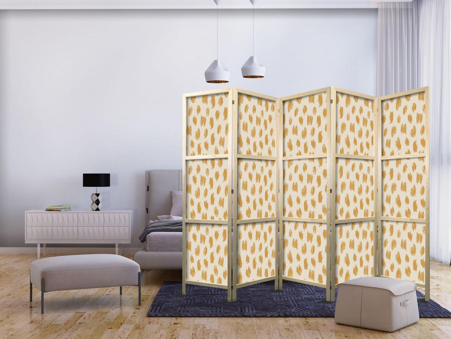 Japanischer Paravent - Drawn Pattern in Dots and Spots - in Shades of Orange and Ecru Artgeist