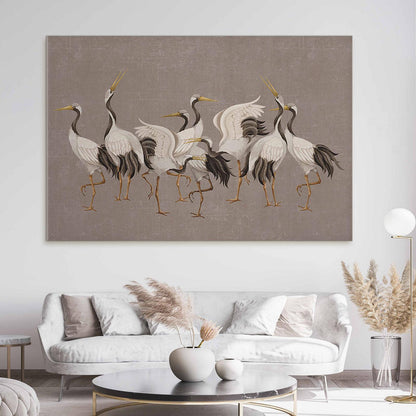 Wandbild XXL - Crane dance – bright silhouettes of birds against a warm grey background with texture