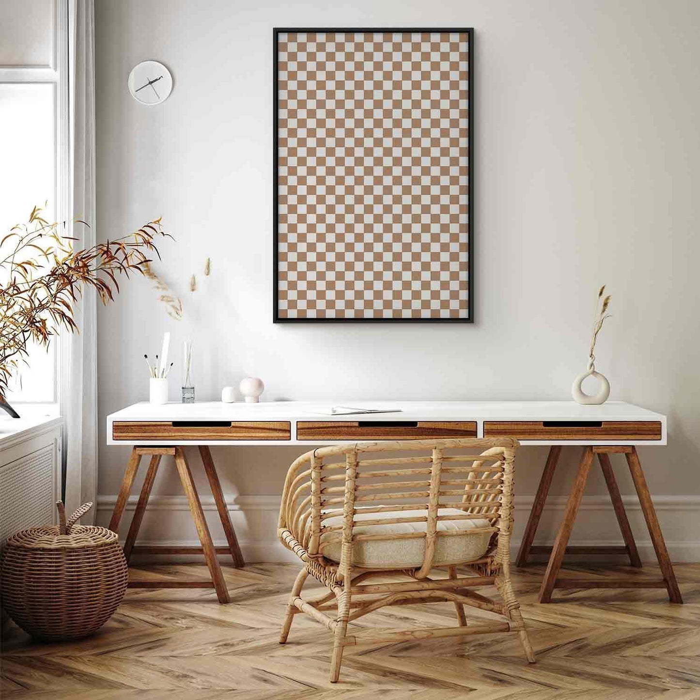 Leinwandbild - Checkerboard Pattern - Brown-White Grid with a Subtle Noise