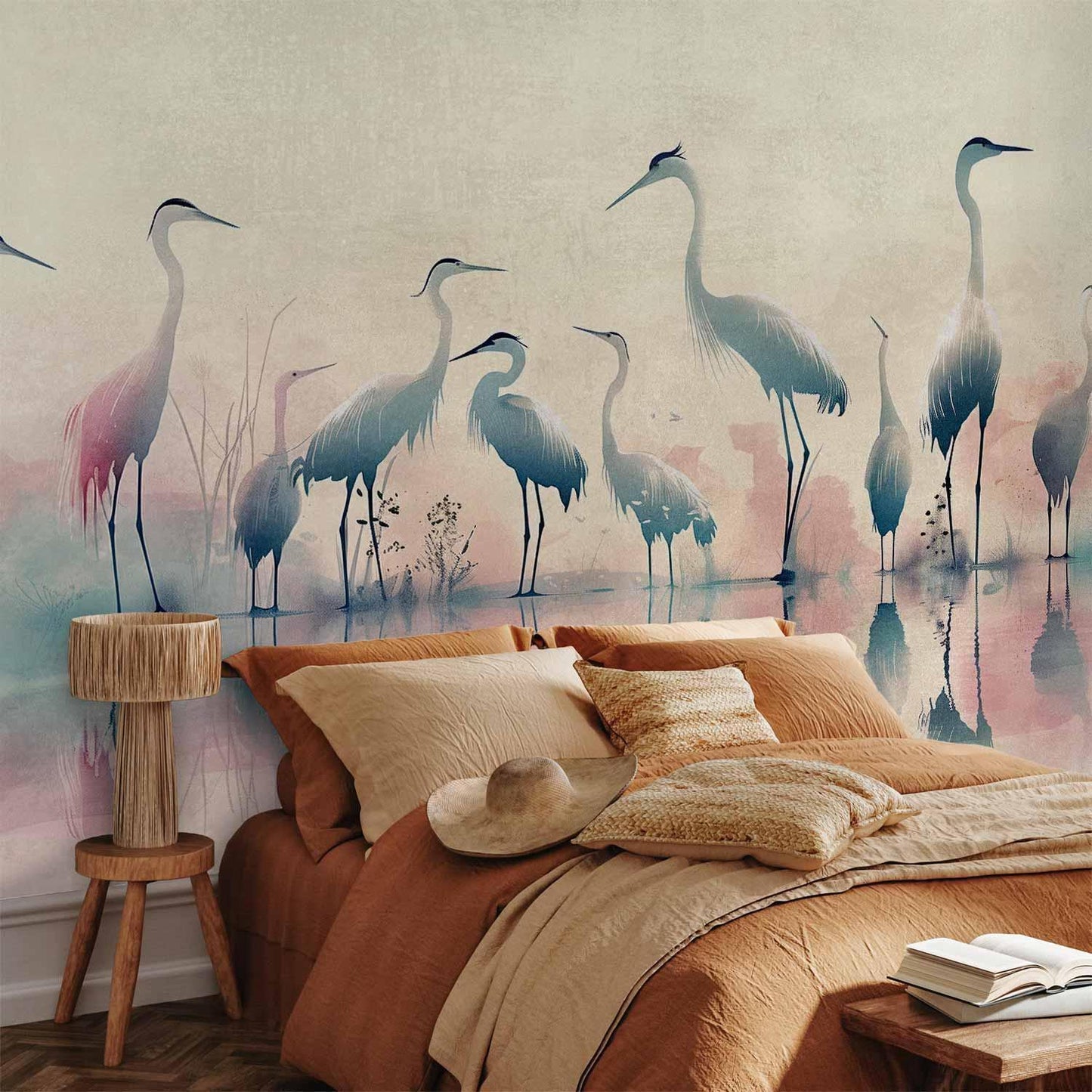 Fototapete - Birds by the lake - herons painted in watercolour in delicate grey and pink colours