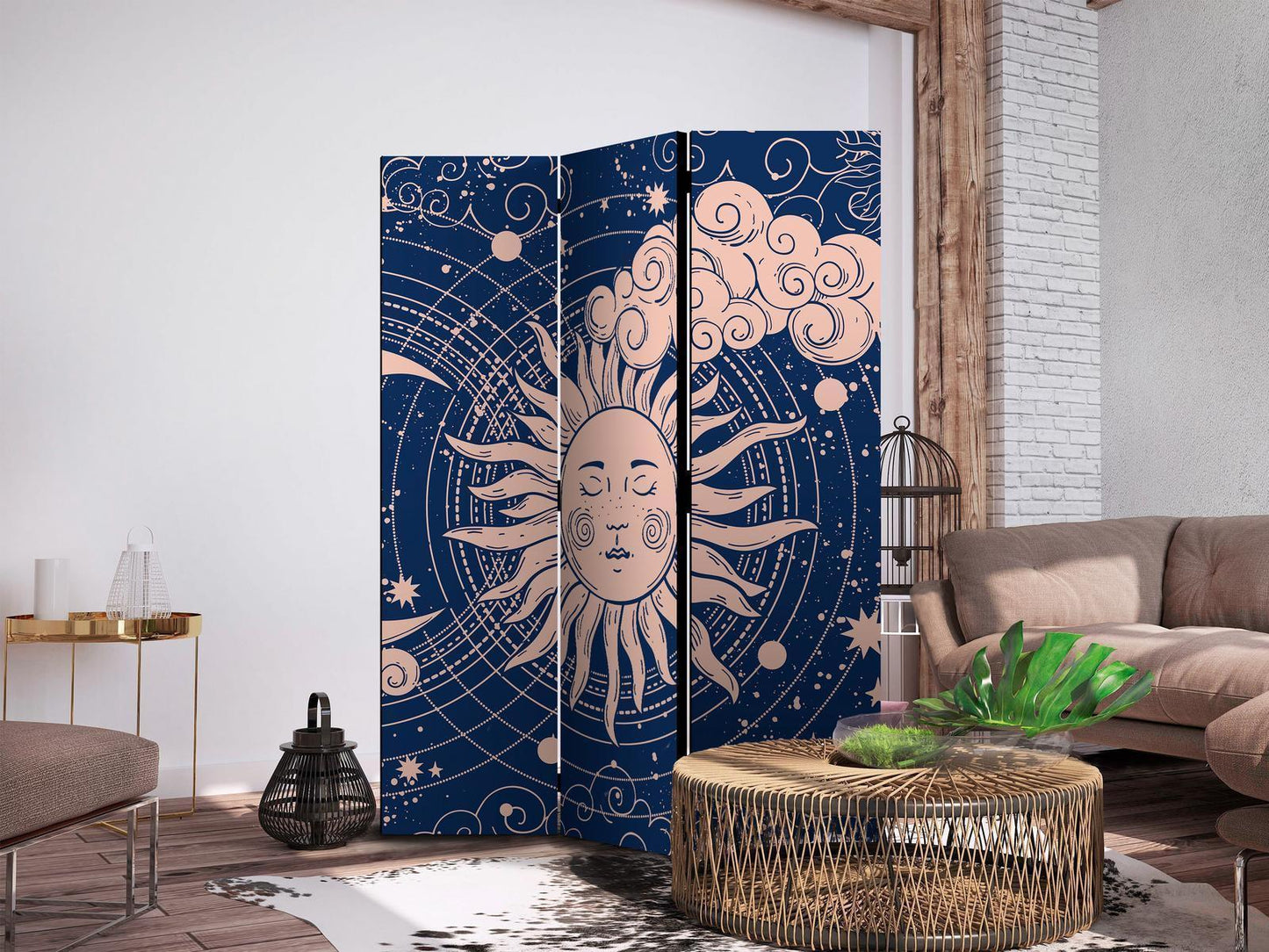Paravent - Cosmic Harmony - Illustration of the Sun and Moon on a Navy Background Artgeist